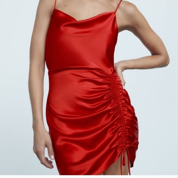 ZARA Ruched Tie Bodycon Satin Mini Dress In Red. Size XS - Picture 5 of 16